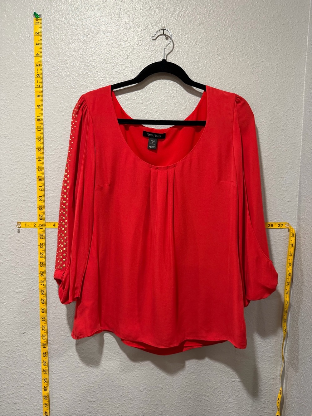 White House Black Market 100% Silk Red Blouse Gold Stud Sleeve Top Size 10